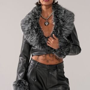 GISELE CROP MOTO BLAZER IN BLACK GREYAKIRA Black Faux Fur Trim Blazer
